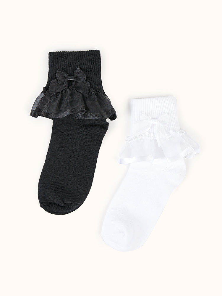 Girls' Lace Ankle Socks (2 Pack) - Black/White
