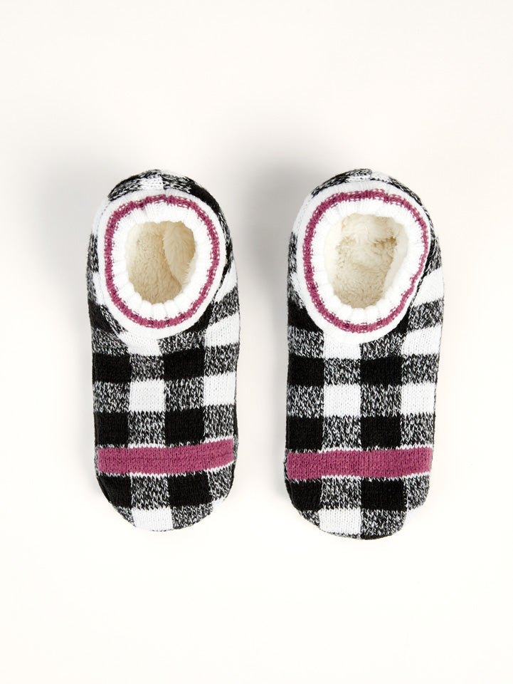 Women's Plaid Cable-Knit Slipper Socks (1 Pair) - Black/White